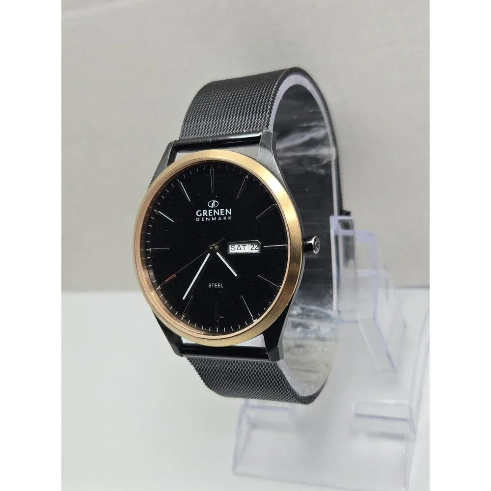 Mens Grenen by Skagen Black Gold Tone Steel Mesh 41mm Day Date Watch New Battery